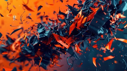 Fototapete - 3D abstract design featuring abstract typography in fiery orange and deep indigo, where distorted and fragmented elements come together