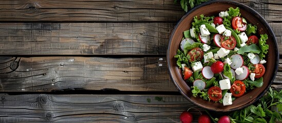 Canvas Print - Fresh vegetable salad with radish and feta cheese on a wooden background perfect for social media with copy space image