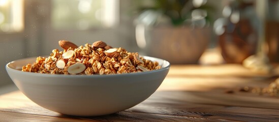 Poster - A healthy breakfast featuring crispy homemade granola topped with sliced almonds in a bowl displayed in a copy space image