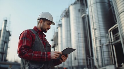 A supplies worker uses a tablet in front of the silos : Generative AI