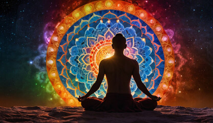 person in a yoga pose, seven glowing chakras aligned on their body. vibrant energy patterns swirl ar