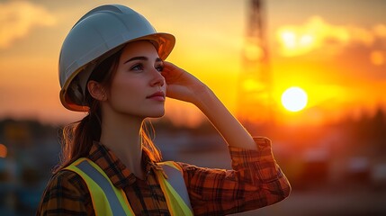 Aufkleber - a woman engineer is putting a protective helmet on her head at sunset : Generative AI