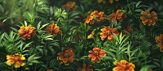Poster - Close up of small velvet red and yellow marigolds amidst lush greenery with copy space image on a natural ground background creating a picturesque garden scene filled with wonderful flora