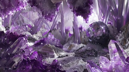 Fototapete -  a mesmerizing 3D abstract landscape adorned with mixed media collages in ethereal shades of violet and silver, where the fusion of photography, painting, and digital art