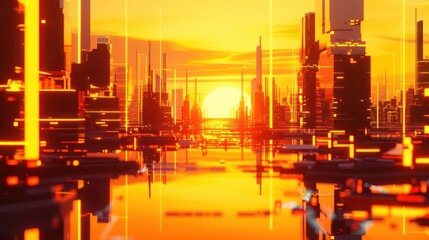 Fototapete - a dynamic 3D abstract design featuring retro-futuristic motifs in sunset orange and cyber yellow, reminiscent of the neon-lit streetscapes from classic sci-fi imagery.