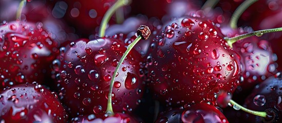 Poster - Close up details of ripe maroon cherries against a backdrop with copy space image