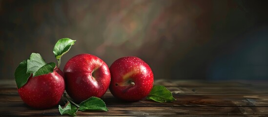 Poster - Red ripe apples with leaves arranged on a wooden table with space for text or images. . image with copy space