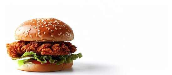 Poster - Burger with crispy chicken on a white backdrop with copy space image