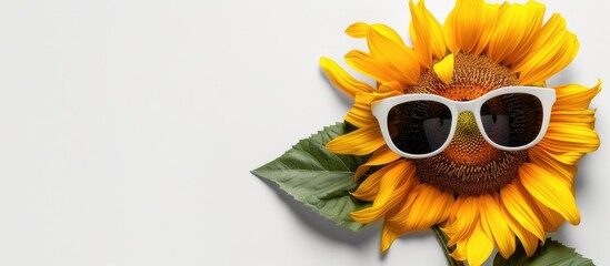 Poster - Happy sunflower with sunglasses looking down on a white background with copy space image