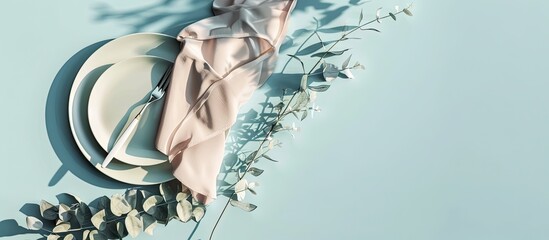 Poster - Elegant table setting featuring cutlery napkin eucalyptus and plates on a bright table viewed from above Includes a copy space image