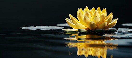 Aufkleber - Yellow lotus in bloom on a black background with a water reflection in the copy space image