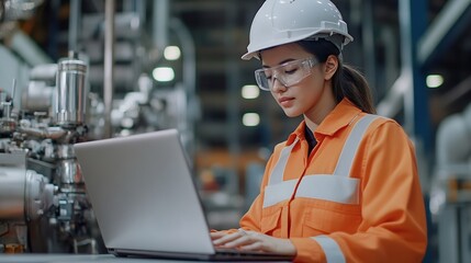 Fototapete - Female engineer using laptop computer for safety control checks or manufacturing maintenance work in factory building or construction site woman engineer inspector working in industry  : Generative AI