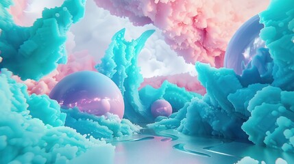 Fototapete - 3D abstract landscape adorned with dreamlike shapes and colors in shades of cosmic cyan and nebula pink