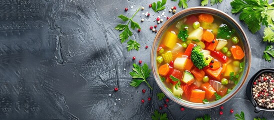 Poster - A delightful vegetable soup in a bowl with a background suitable for adding text or graphics known as copy space image