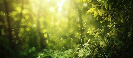 Sticker - Blurred background of a sunlit green forest with copy space image