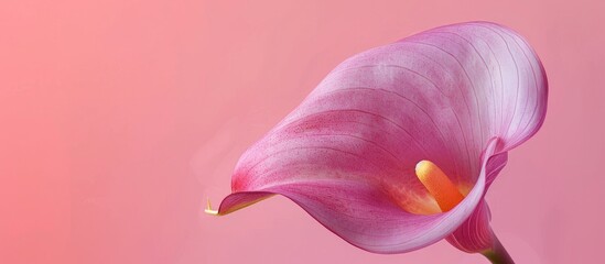 Canvas Print - High quality photo of a fresh pink and purple Zantedeschia Calla Lily flower against a pink background showcasing a blooming perennial plant in a top view with copy space image