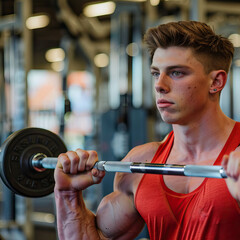 Muscular Young Man Lifting Barbell in Gym with Focused Expression