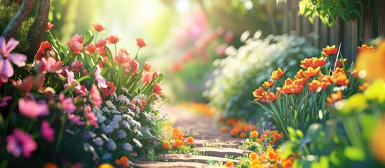 Poster - Bright sunny day in the garden with blooming flowers perfect for a beautiful copy space image