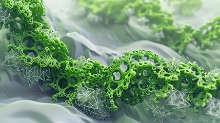 Fototapete - Intricate 3D abstract background featuring cool green fractal vines intertwining with crystalline structures, forming a vibrant algorithmic forest on a soft, muted gray base.