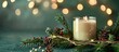 © Ilgun - A Christmas gift concept featuring a festive Christmas candle made of natural soy wax adorned with spruce branches and garlands for a cozy holiday vibe in a copy space image