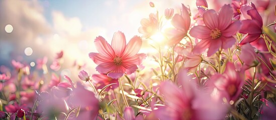 Wall Mural - Pink flowers beautifully arranged in a garden set against a bright sky make for a stunning copy space image