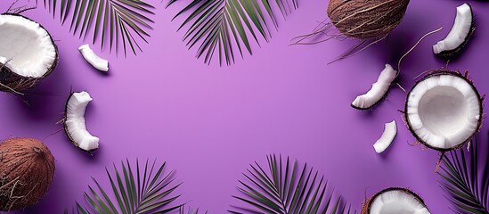 Poster - coconut leaves pattern on a purple abstract summer concept background ideal for showcasing copy spac