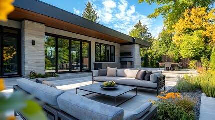 Aufkleber - Outdoor seating furniture in beautiful backyard patio by contemporary house against sky on sunny day : Generative AI
