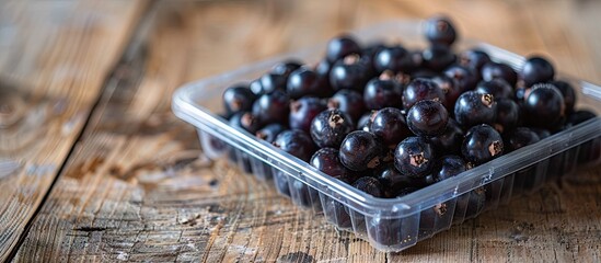 Poster - Chokeberry displayed in a plastic box on a wooden table with ample copy space image