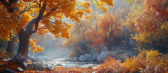 Wall Mural - Capture the vibrant autumn colors in a breathtaking outdoor setting with beautiful leaves on trees creating a striking contrast in a stunning copy space image