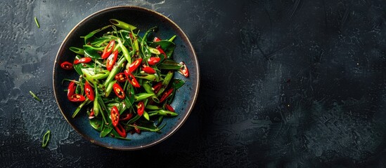 Poster - Traditional stir fried morning glory with chili and oyster sauce displayed in a vibrant dish creating an enticing meal perfect for culinary exploration with a copy space image
