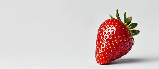 Poster - Close up of a ripe strawberry on a white background representing a natural spring delicacy with copy space image