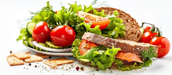 Canvas Print - Healthy fish salad served with a whole wheat slice of bread accompanied by fresh vegetables all displayed beautifully in a copy space image