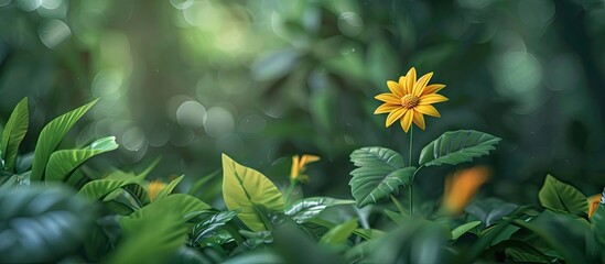 Poster - Solitary Wedelia flower standing out in the foliage with copy space image