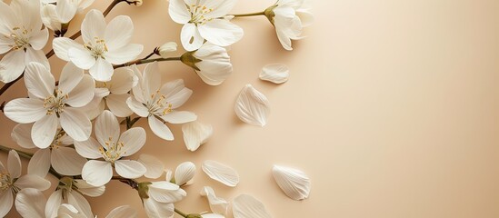 Poster - Top view of flowers on a beige background offering ample copy space image