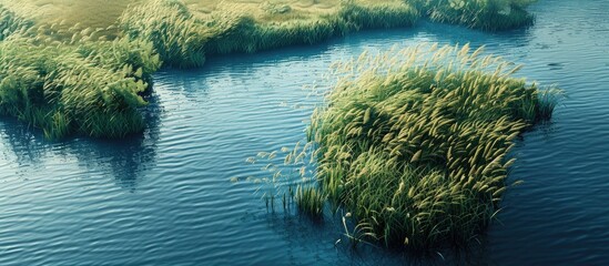 Canvas Print - Aerial view showing reeds in a blue lake with copy space image