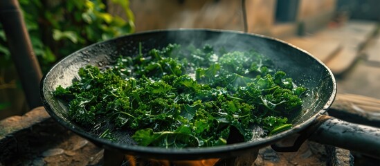 Aufkleber - A close up image of simmered kale in a pan on an Asian style rural charcoal stove with copy space image