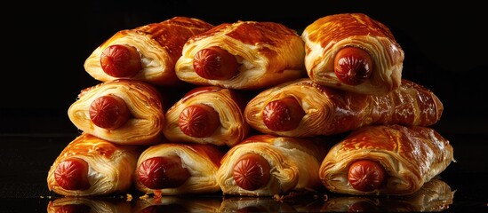 Poster - Hot dogs in pastry piled high on a black backdrop with copy space image