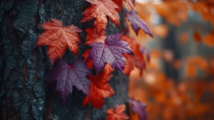 Poster - red and violet spiky leaves with veins on surface growing on tree in forest in autumn in daylight : 