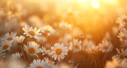 Wall Mural - Sunset in field with daisy flowers.