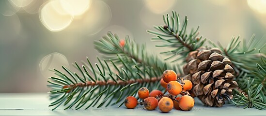 Wall Mural - A pine tree with fruits a pine cone on a copy space image
