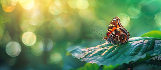 Poster - Butterfly resting gracefully on a leaf in a summery setting with ample copy space image
