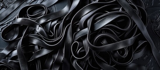 Poster - Black spaghetti pasta with squid ink or cuttlefish flavor presented in a way that enhances the overall visual appeal with copy space image included