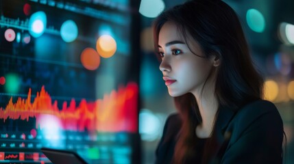 Poster - A young professional woman analyzing financial charts on her tablet, with a serious and focused expression.