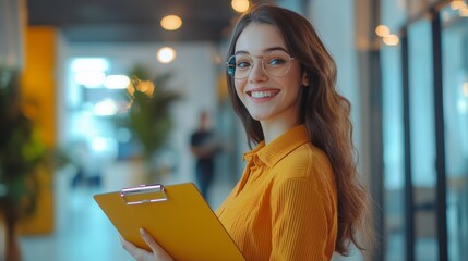 Fototapete - A young professional woman with a cheerful smile, holding a clipboard and ready for a presentation, standing in a brightly lit office.