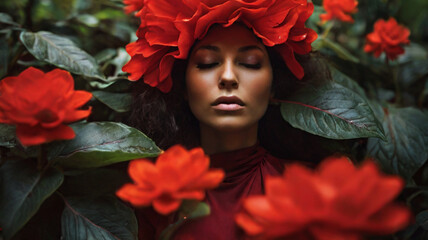 Fashion portrait of gorgeous woman with flowers and leaves, Concept of harmony, beauty and unity with nature.