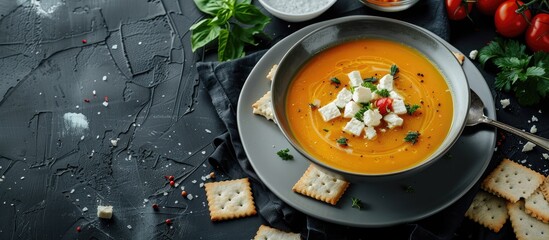 Poster - Butternut Soup served with crackers feta cheese and vegetables on a plate with copy space image