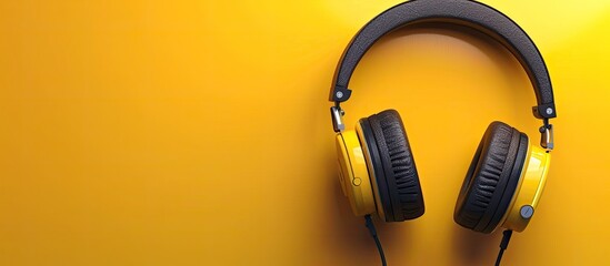 Poster - Top view of yellow background with headphones ample copy space image