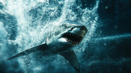 Aufkleber - An action shot of a predatory shark in mid-swim, with an intense focus and powerful movement in the ocean.