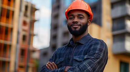 Sticker - Architect portrait proud and happy black man real estate developer or property contractor with pride in career Architecture engineering mockup sky or construction worker success with c : Generative AI