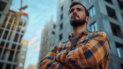 Aufkleber - Portrait confident and male person as contractor outdoors for developing or planning of construction projects Professional architect and industry for safety with arms crossed for devel : Generative AI